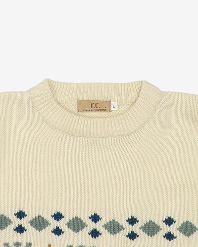 Vintage 90s White / Brown Patterned Wool Knit - L