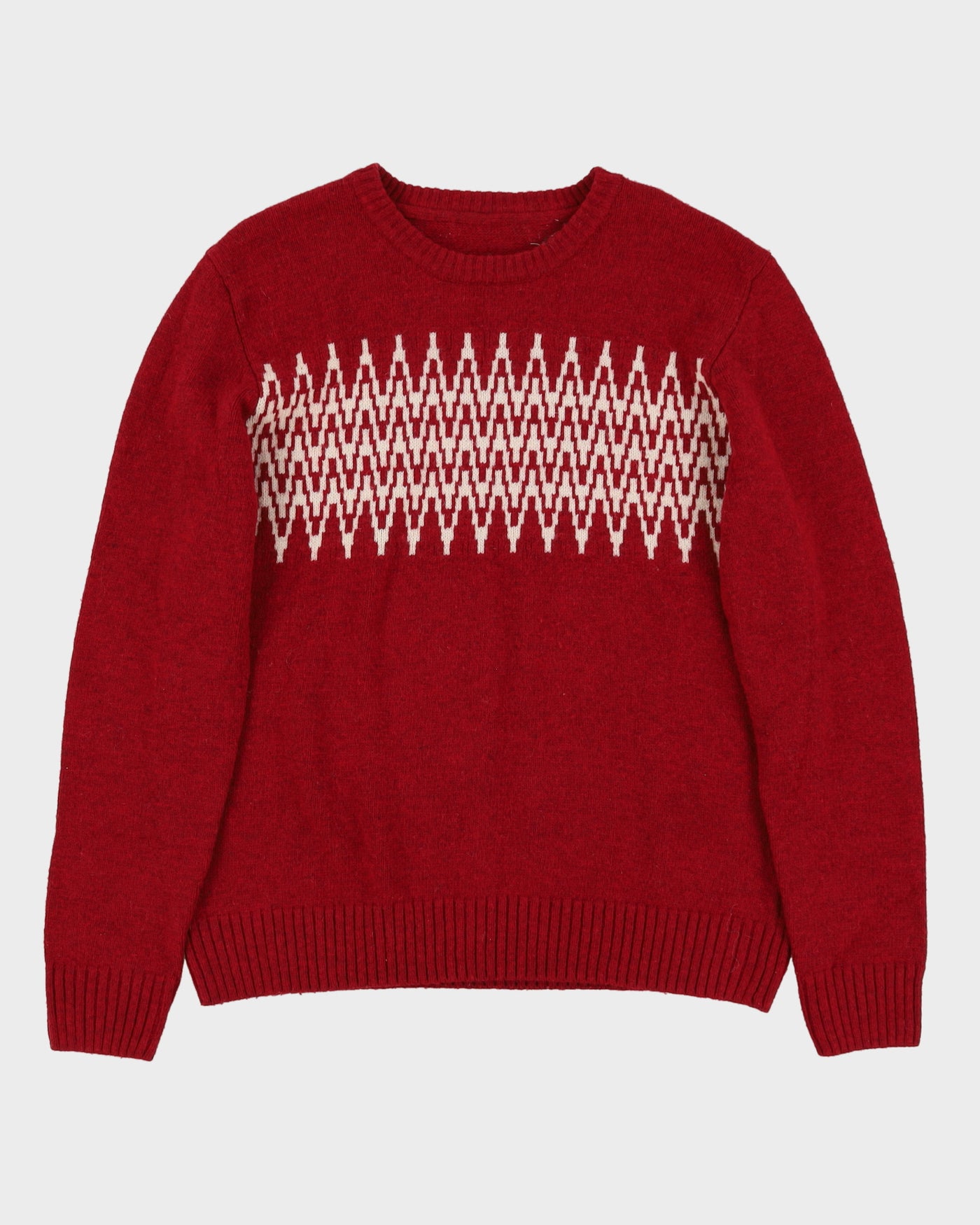 Maroon And Cream Patterned Knitted Jumper - M