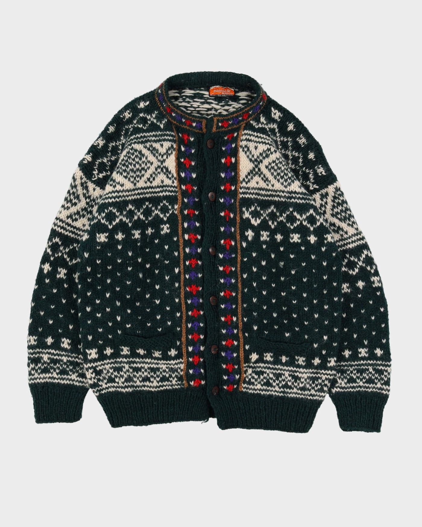 Vintage 80s Namaste Wool Green Patterned Chunky Heavyweight Cardigan - XL