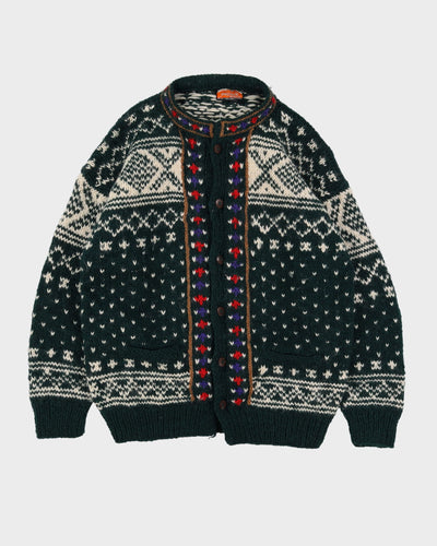 Vintage 80s Namaste Wool Green Patterned Chunky Heavyweight Cardigan - XL