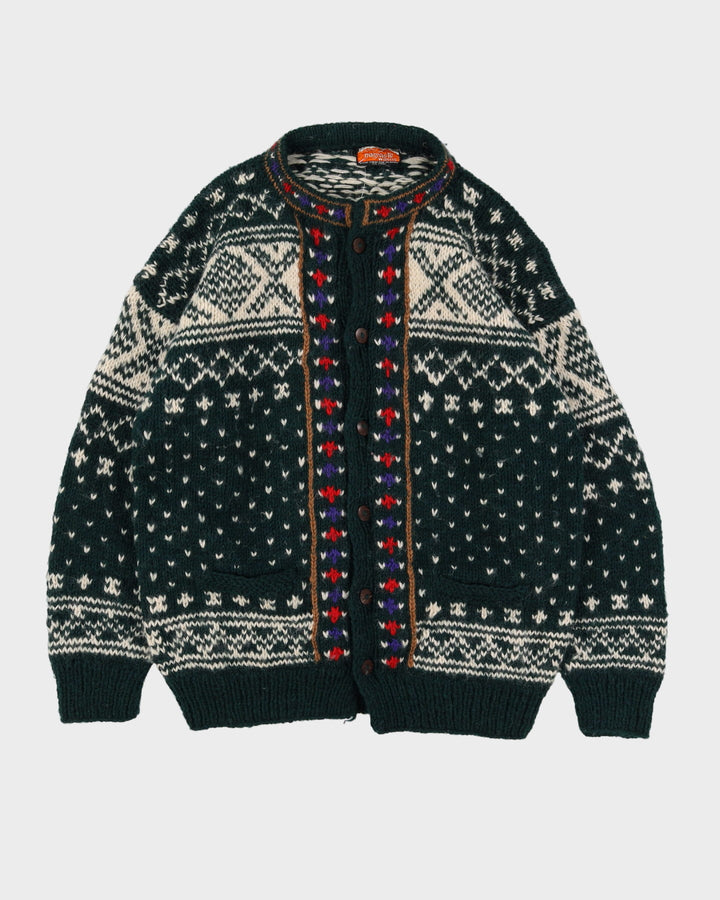 Vintage 80s Namaste Wool Green Patterned Chunky Heavyweight Cardigan - XL