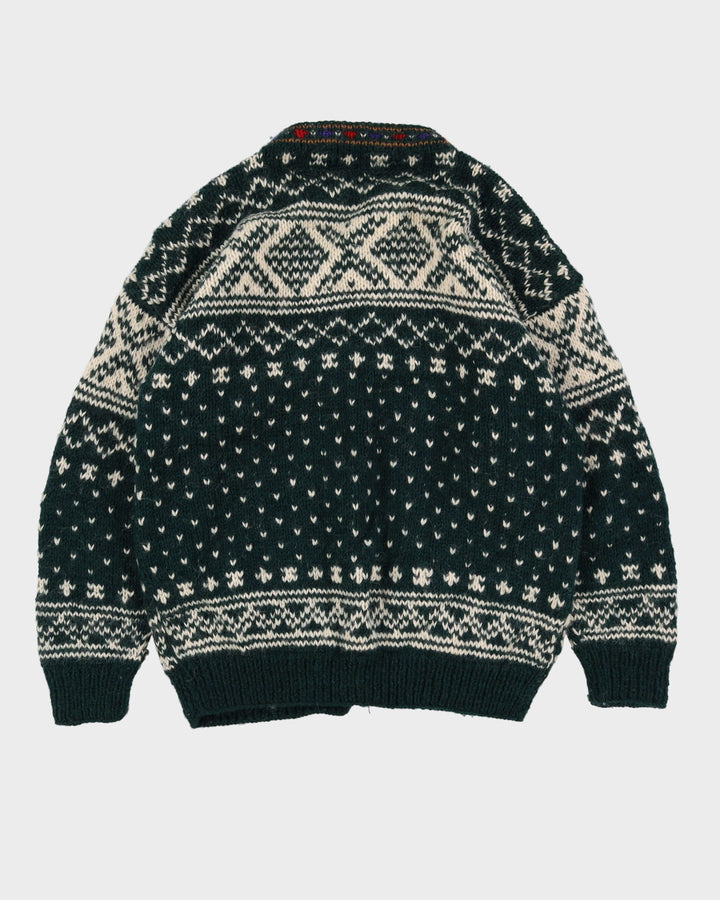 Vintage 80s Namaste Wool Green Patterned Chunky Heavyweight Cardigan - XL