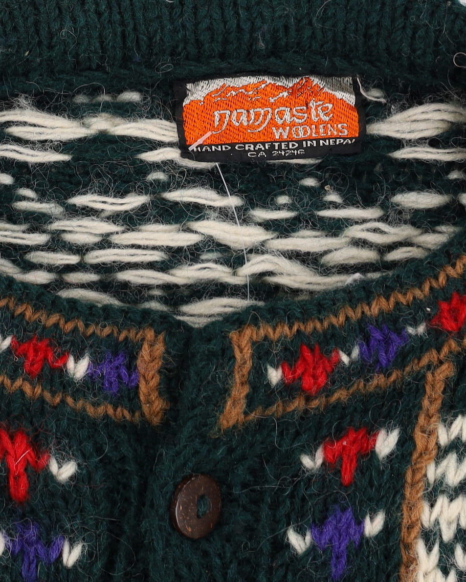 Vintage 80s Namaste Wool Green Patterned Chunky Heavyweight Cardigan - XL