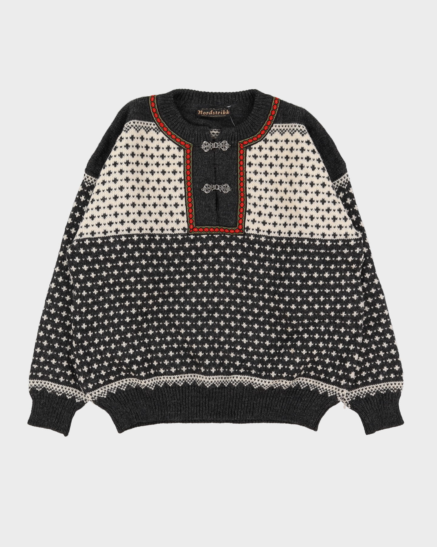 Vintage 60s Nordstrikk Grey Patterned Knitted Sweater - XL