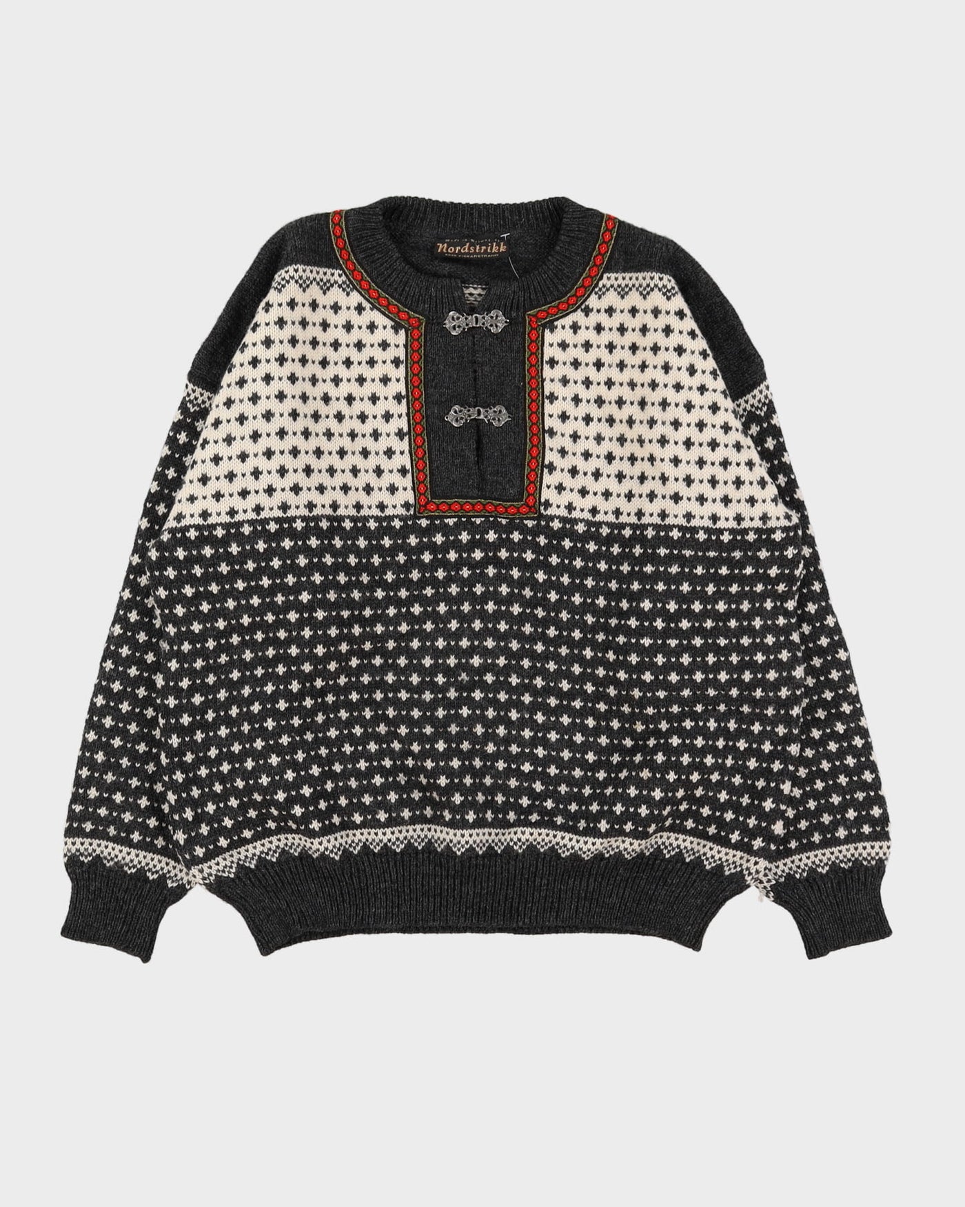 Vintage 60s Nordstrikk Grey Patterned Knitted Sweater - XL