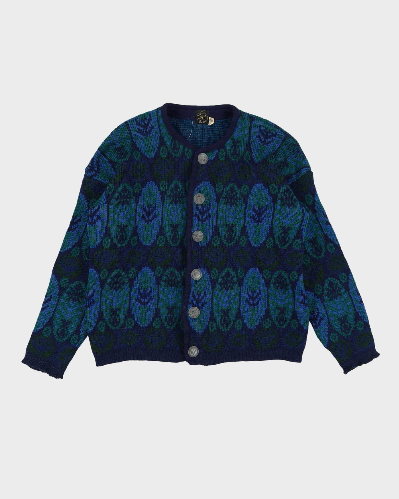 1970s Norvyk Blue Patterned Knitted Cardigan - L
