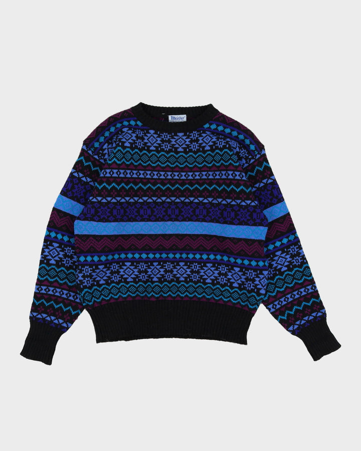 1980s Meister Wool Blue Patterned Knitted Jumper - M