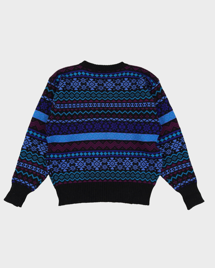 1980s Meister Wool Blue Patterned Knitted Jumper - M