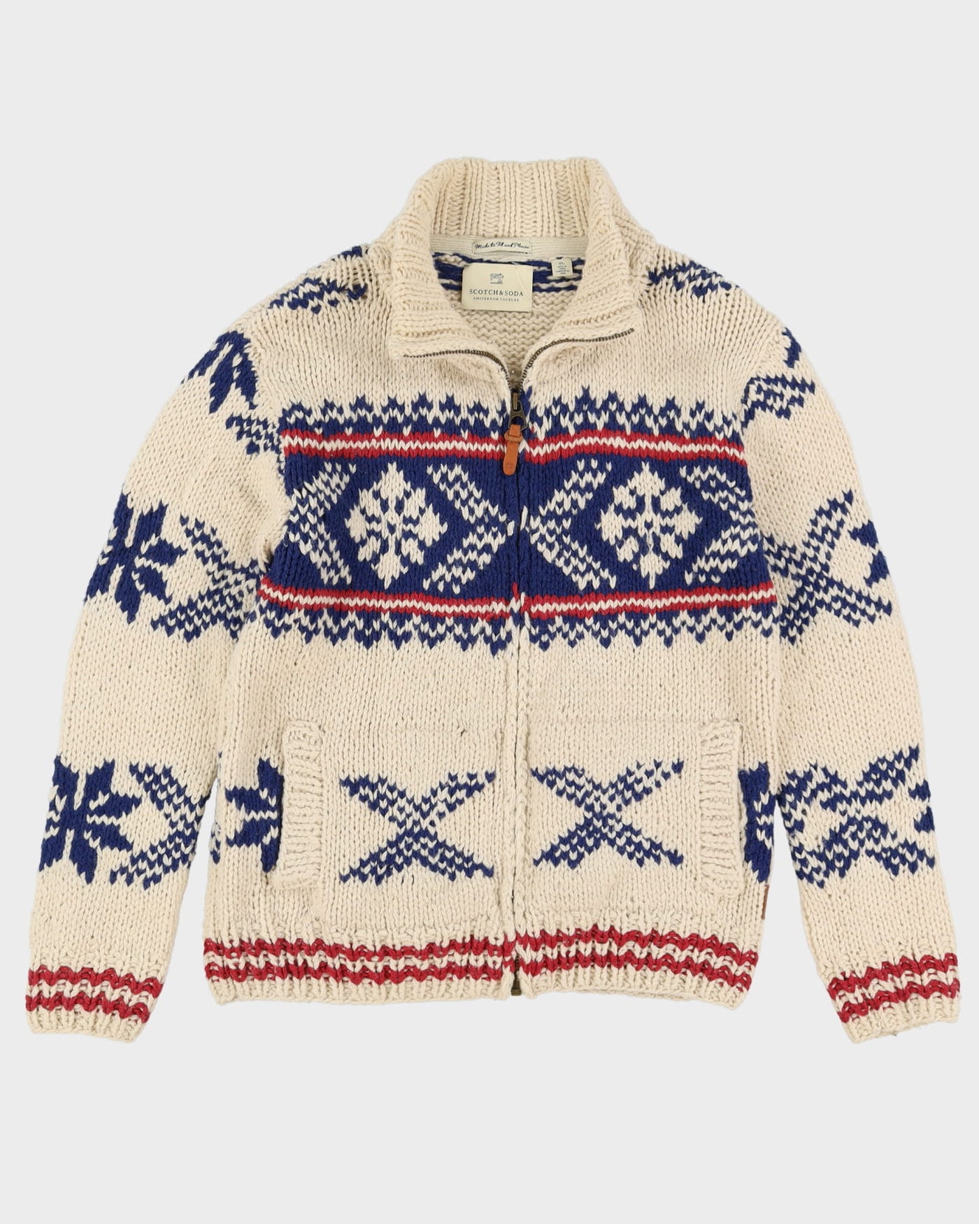 Chunky Patterned Cream Wool Knitted Cardigan - M