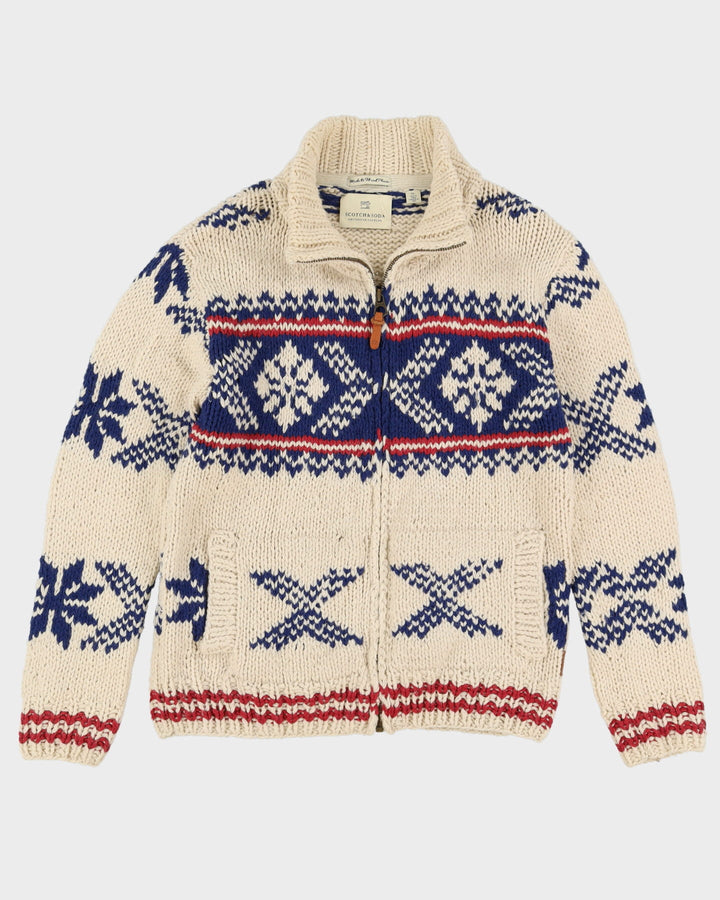 Chunky Patterned Cream Wool Knitted Cardigan - M