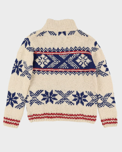 Chunky Patterned Cream Wool Knitted Cardigan - M