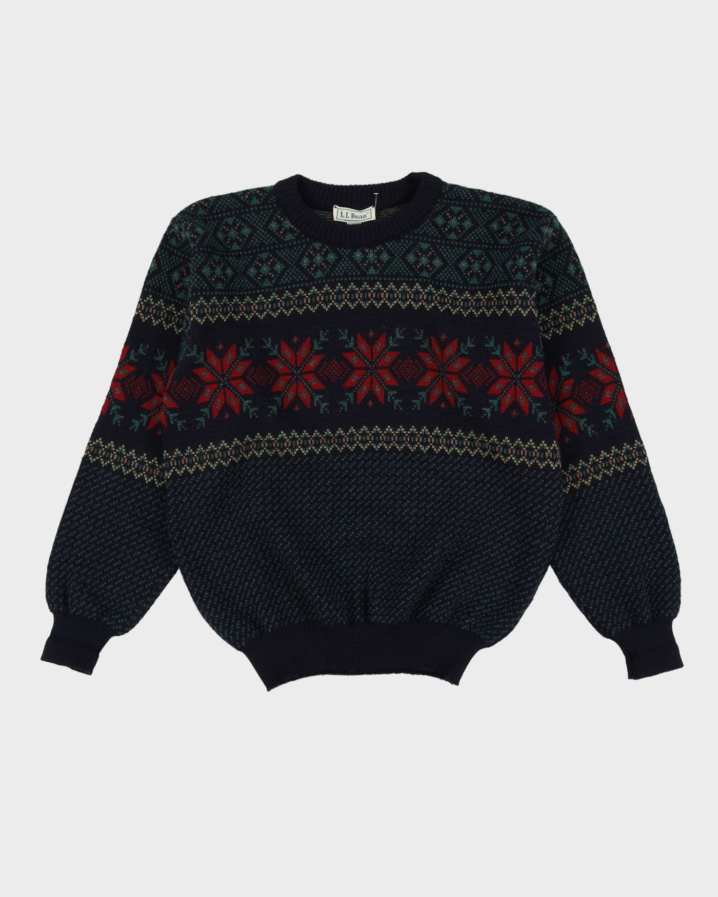 80s L.L Bean Made in Ireland Green / Navy Patterned Wool Knit - M