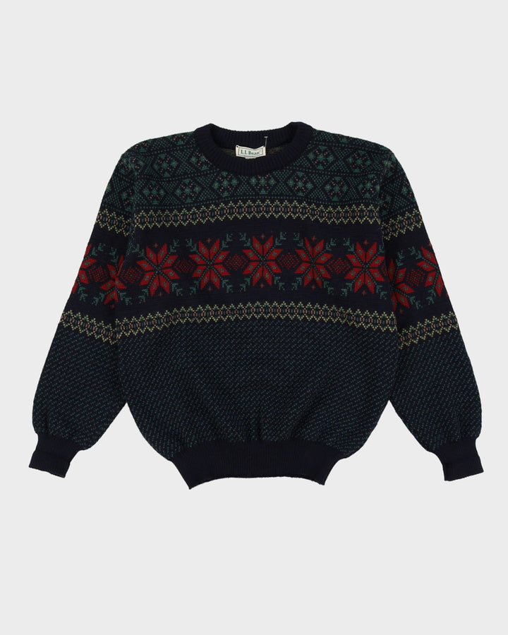 80s L.L Bean Made in Ireland Green / Navy Patterned Wool Knit - M