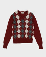 70s Patterned Long Sleeve V-Neck Wool Knit - M