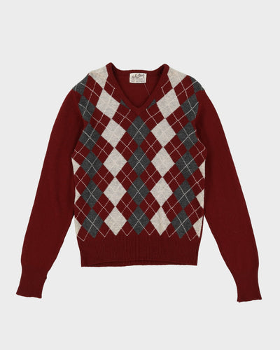 70s Patterned Long Sleeve V-Neck Wool Knit - M