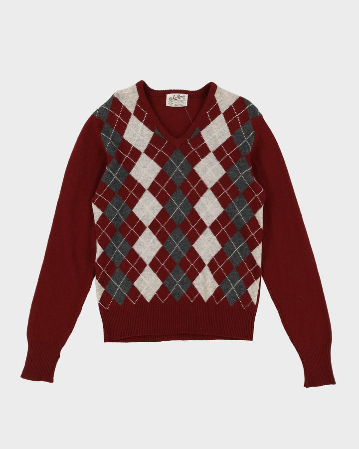 70s Patterned Long Sleeve V-Neck Wool Knit - M