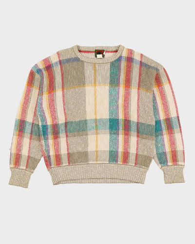 00s Beige And Green Checked Knitted Jumper - M