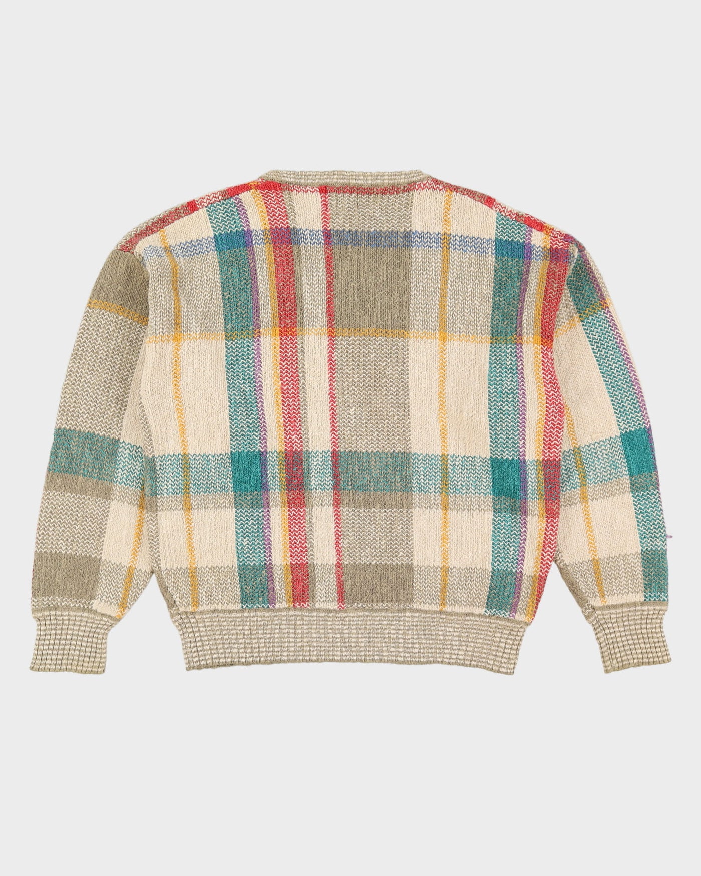 00s Beige And Green Checked Knitted Jumper - M