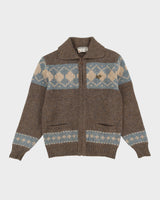 Vintage 80s White Ram Brown Patterned Wool Knit Cardigan - M