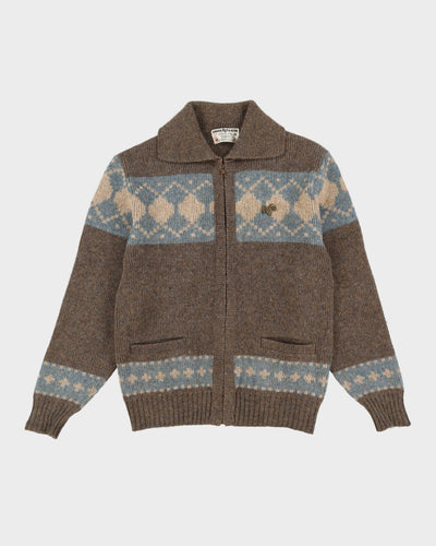 Vintage 80s White Ram Brown Patterned Wool Knit Cardigan - M