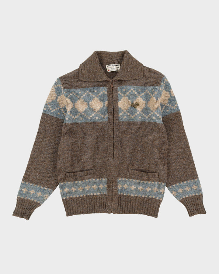 Vintage 80s White Ram Brown Patterned Wool Knit Cardigan - M