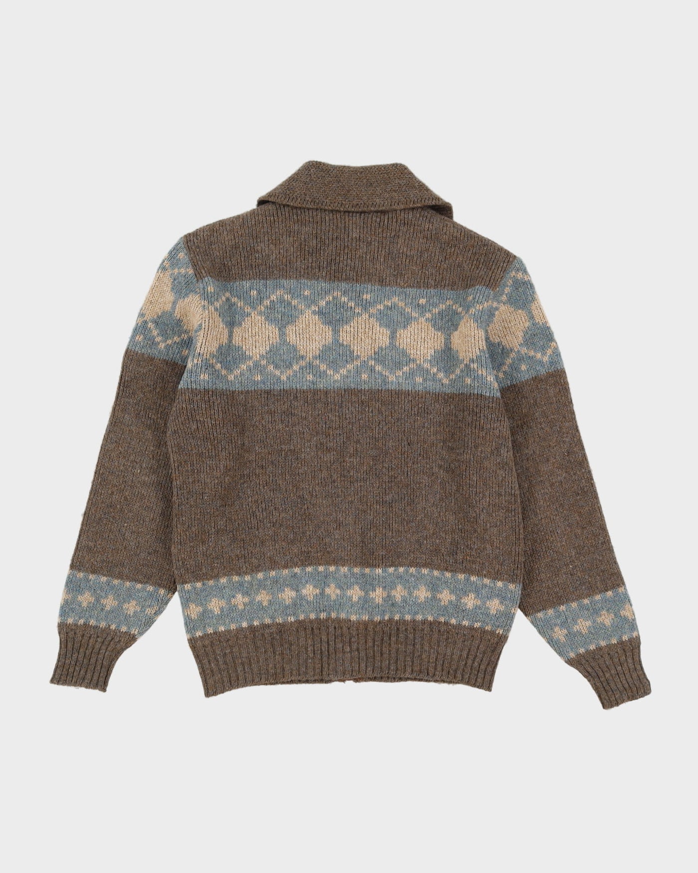 Vintage 80s White Ram Brown Patterned Wool Knit Cardigan - M