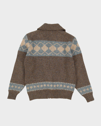 Vintage 80s White Ram Brown Patterned Wool Knit Cardigan - M