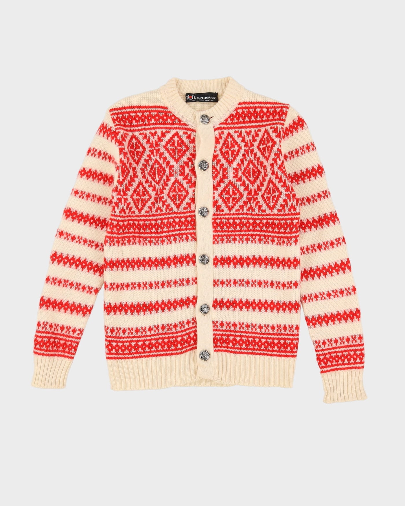 Red / Cream Patterned Heavy Knit Cardigan - S