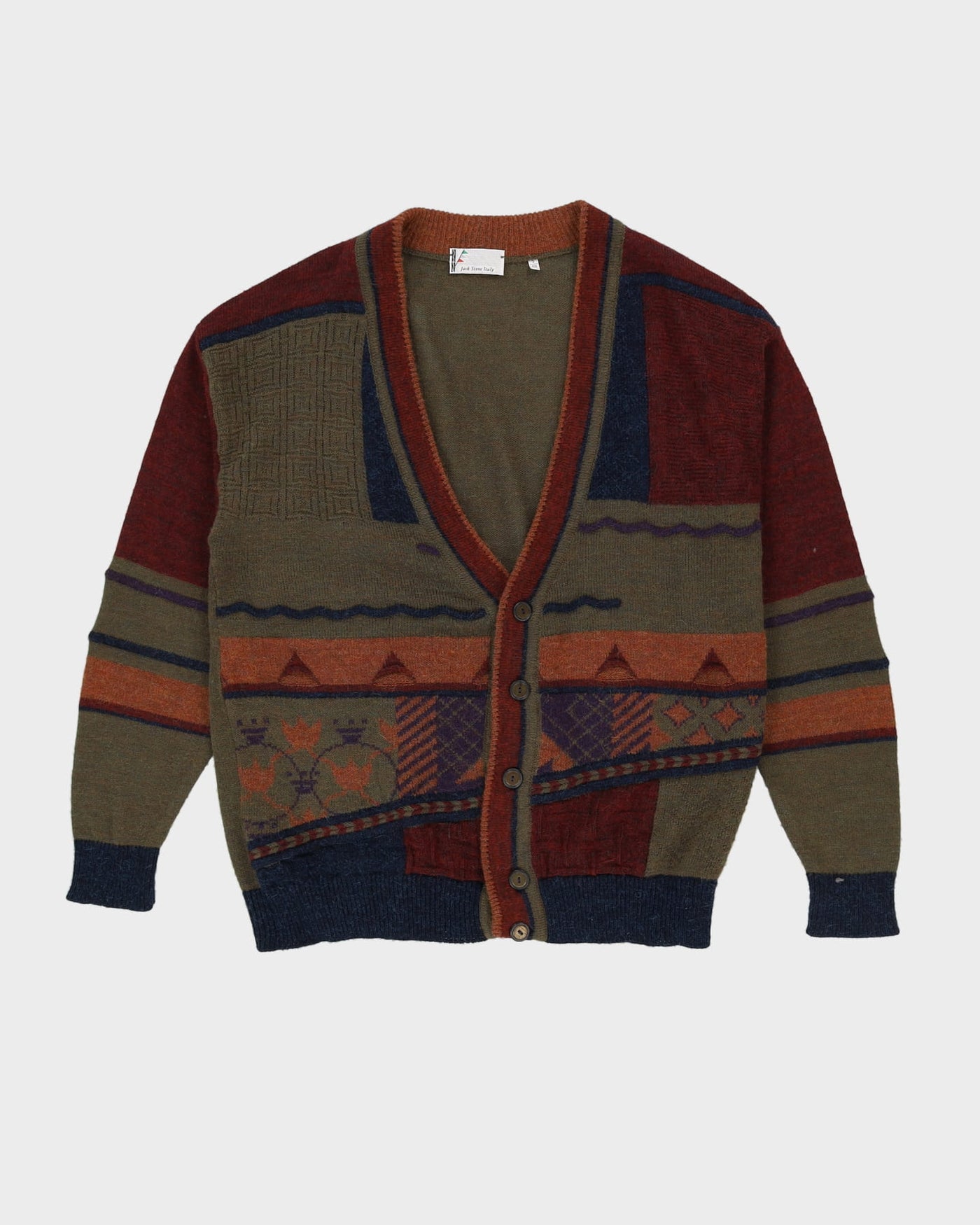 Vintage 80s Made In Italy Patterned Green / Burgundy Cardigan Knit - XL