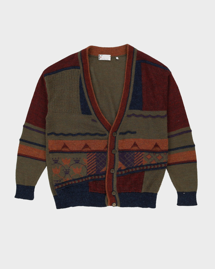 Vintage 80s Made In Italy Patterned Green / Burgundy Cardigan Knit - XL