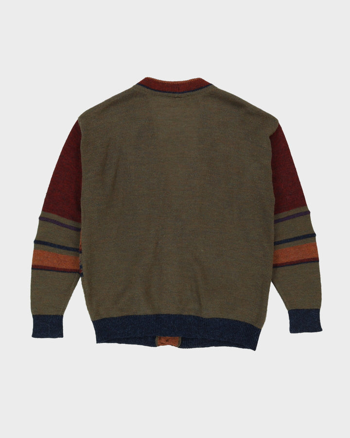 Vintage 80s Made In Italy Patterned Green / Burgundy Cardigan Knit - XL