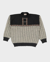 Vintage 80s Dark Grey / Cream Norwegian Heavy Quarter-Button Knit - XL