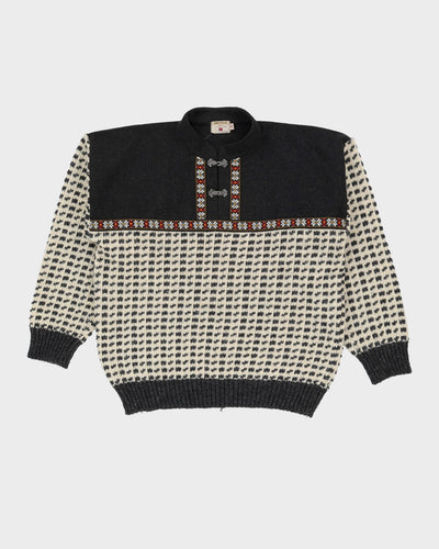 Vintage 80s Dark Grey / Cream Norwegian Heavy Quarter-Button Knit - XL