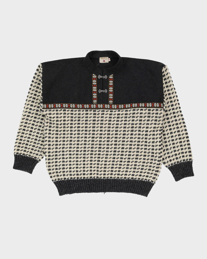 Vintage 80s Dark Grey / Cream Norwegian Heavy Quarter-Button Knit - XL
