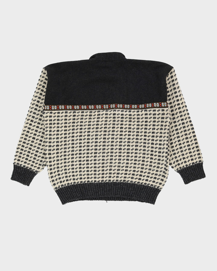 Vintage 80s Dark Grey / Cream Norwegian Heavy Quarter-Button Knit - XL