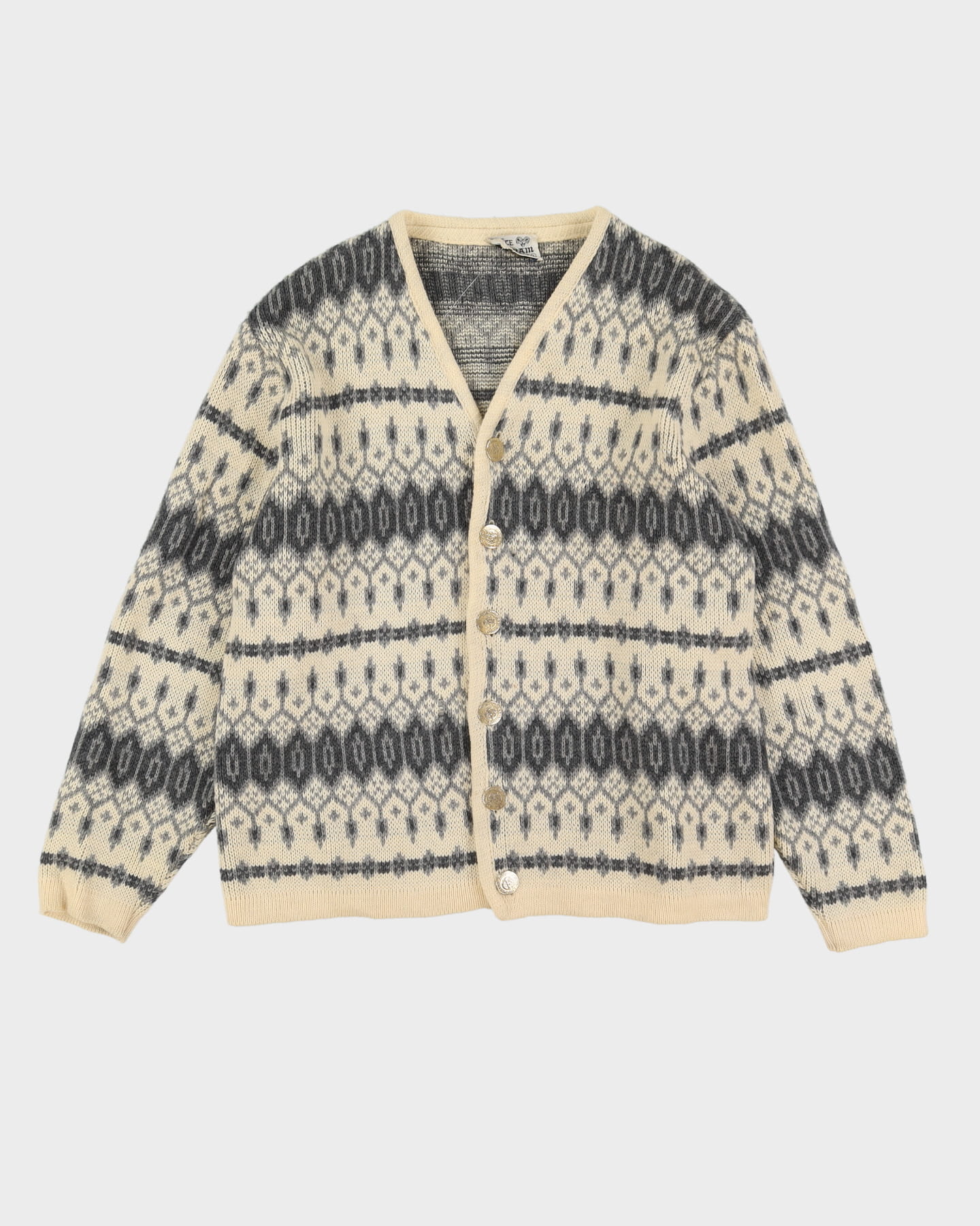 Vintage 80s White Ram Patterned Wool Cardigan - L