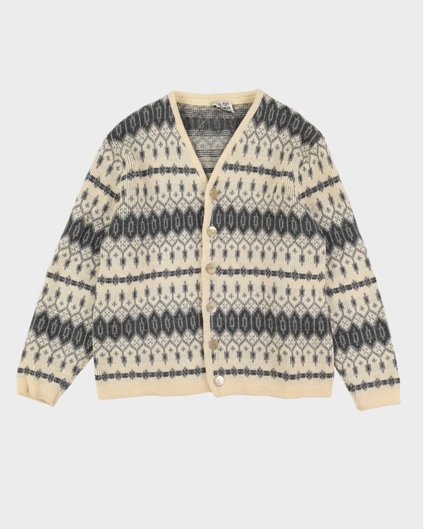 Vintage 80s White Ram Patterned Wool Cardigan - L