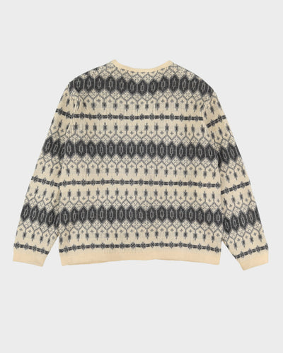 Vintage 80s White Ram Patterned Wool Cardigan - L