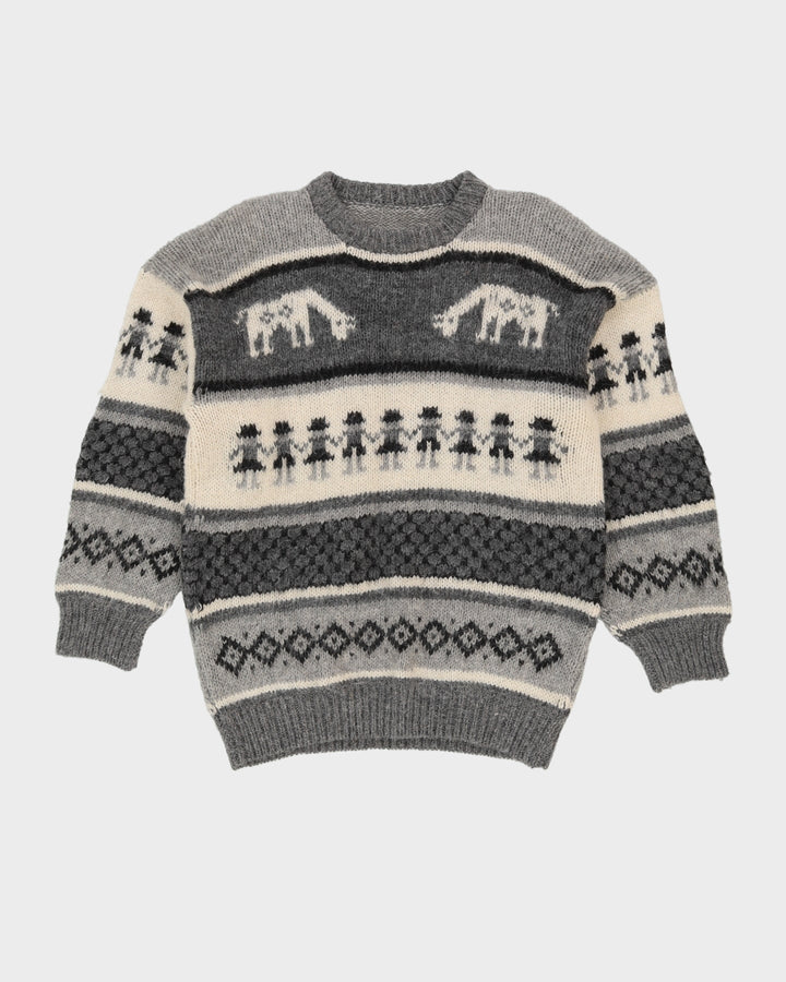 Hand Knitted Grey Patterned Jumper - S
