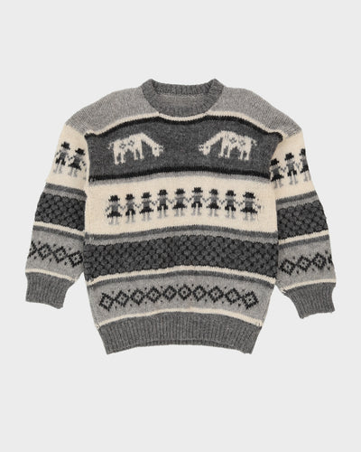 Hand Knitted Grey Patterned Jumper - S