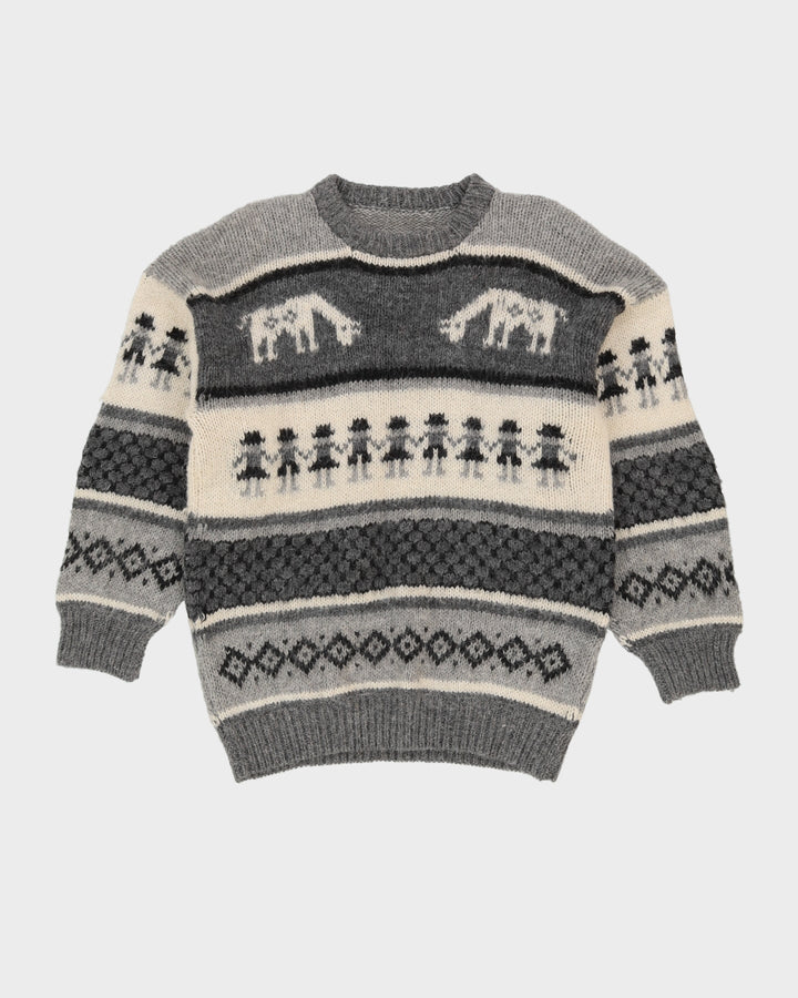 Hand Knitted Grey Patterned Jumper - S