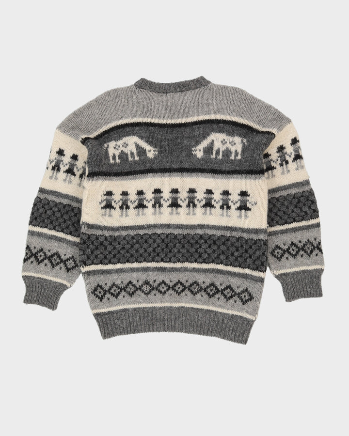 Hand Knitted Grey Patterned Jumper - S
