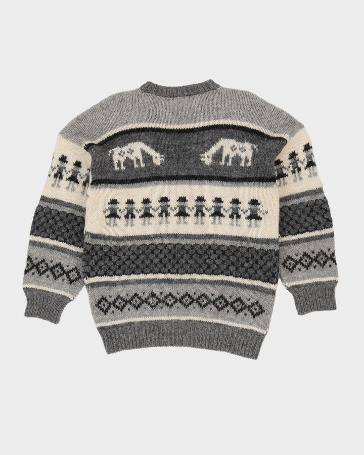Hand Knitted Grey Patterned Jumper - S