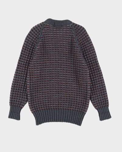 Grey And Burgundy Patterned Knitted Jumper - S