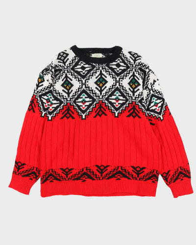 Vintage 1990s Red Patterned Knitted Jumper - XL