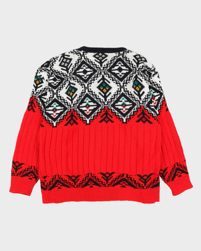 Vintage 1990s Red Patterned Knitted Jumper - XL