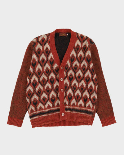 Vintage 1970s Brown Patterned Knitted Cardigan - XS