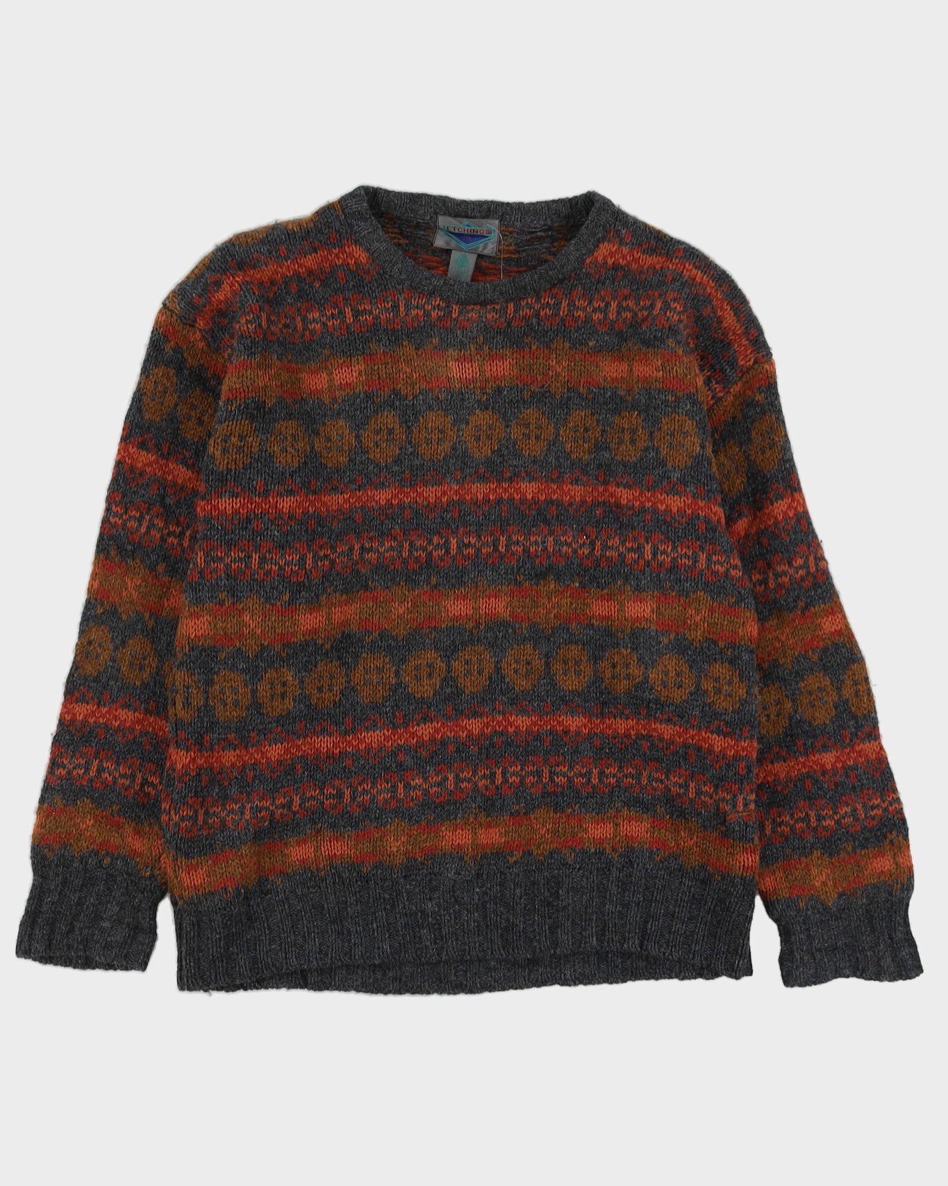 Grey And Orange Patterned Knitted Jumper - L