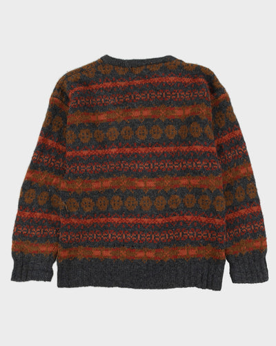 Grey And Orange Patterned Knitted Jumper - L