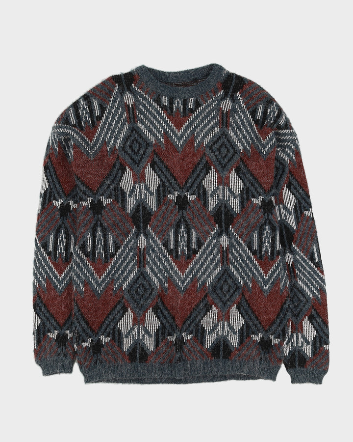 00s Burgundy and Teal Knitted Jumper - L